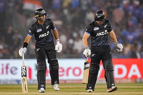 New Zealand's Rachin Ravindra, left, and Glenn Phillips during the second T20I cricket match between India and New Zealand, at Shaheed Veer Narayan Singh International Cricket Stadium, in Raipur, Chhattisgarh.