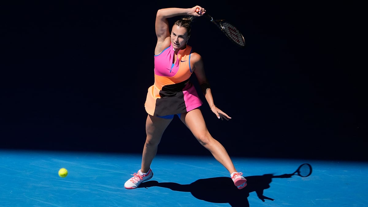 Asanka Brendon Ratnayak/AP : Aryna Sabalenka of Belarus plays a forehand return to Anastasia Potapova of Austria during their third round match.