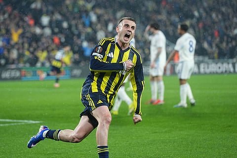 Fenerbahce's Kerem Akturkoglu celebrates scoring his side's first goal, that later was disallowed, during a Europa League opening phase soccer match between Fenerbahce and Aston Villa, in Istanbul.