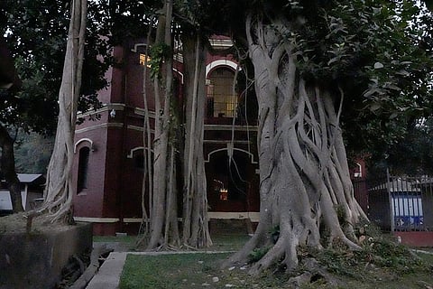 The image features a large banyan tree in front of a red brick building of Alipore jail.