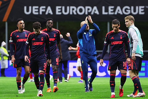Nottingham Forest players walk off the pitch at the end of the Europa League opening phase soccer match between SC Braga and Nottingham Forest in Braga, Portugal.