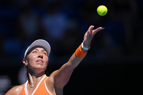 Jessica Pegula of the U.S. serves to Oksana Selekhmeteva of Russia during their third round match at the Australian Open tennis championship in Melbourne, Australia.
