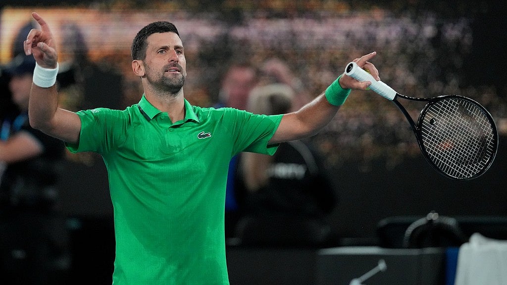 Photo: AP : Novak Djokovic of Serbia reacts after defeating Botic van de Zandschulp of the Netherlands in their third round match at the Australian Open tennis championship in Melbourne.