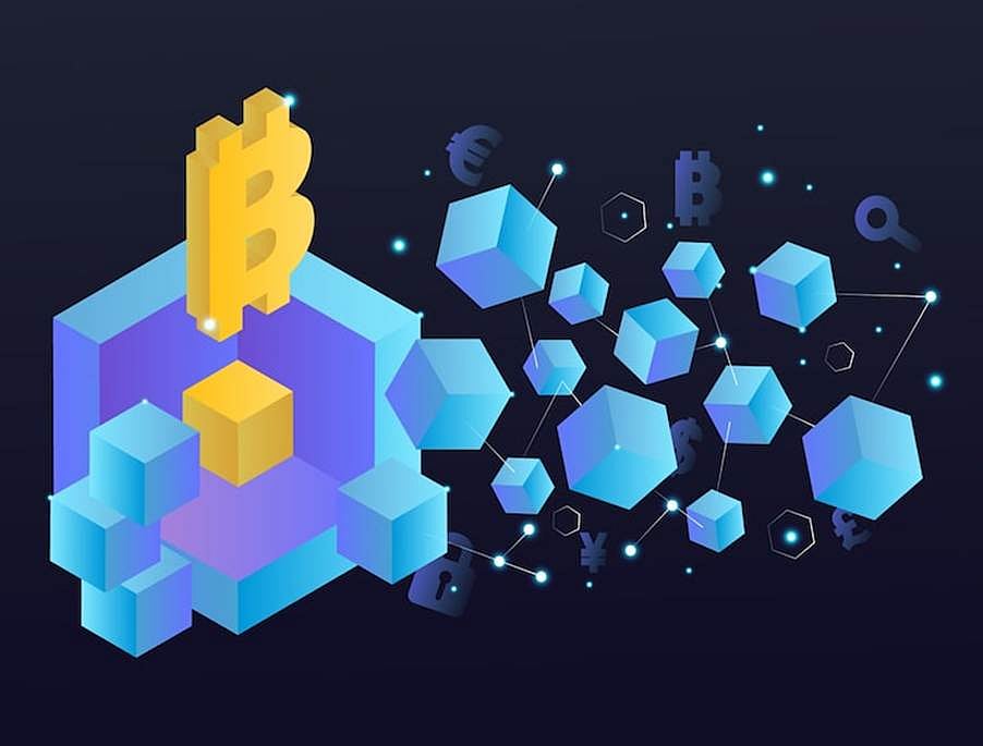 An illustration of the bitcoin blockchain network with interconnected 3D blue cubes
