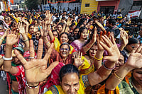Photo: PTI : Devotees queue for Saraswati Puja at the disputed Bhojshala complex, revered as Saraswati temple, on Basant Panchami, in Dhar, Madhya Pradesh |
