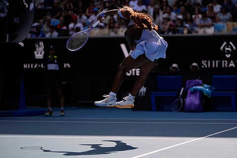 Coco Gauff of the U.S. plays a forehand return to Karolina Muchova of the Czech Republic during their fourth round match at the Australian Open tennis championship in Melbourne, Australia.