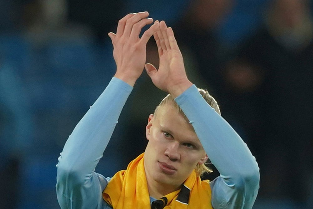 | Photo: AP/Ian Hodgson : Manchester City's Erling Haaland reacts to the supporters after the end of the English Premier League soccer match between Manchester City and Wolverhampton Wanderers in Manchester, England.