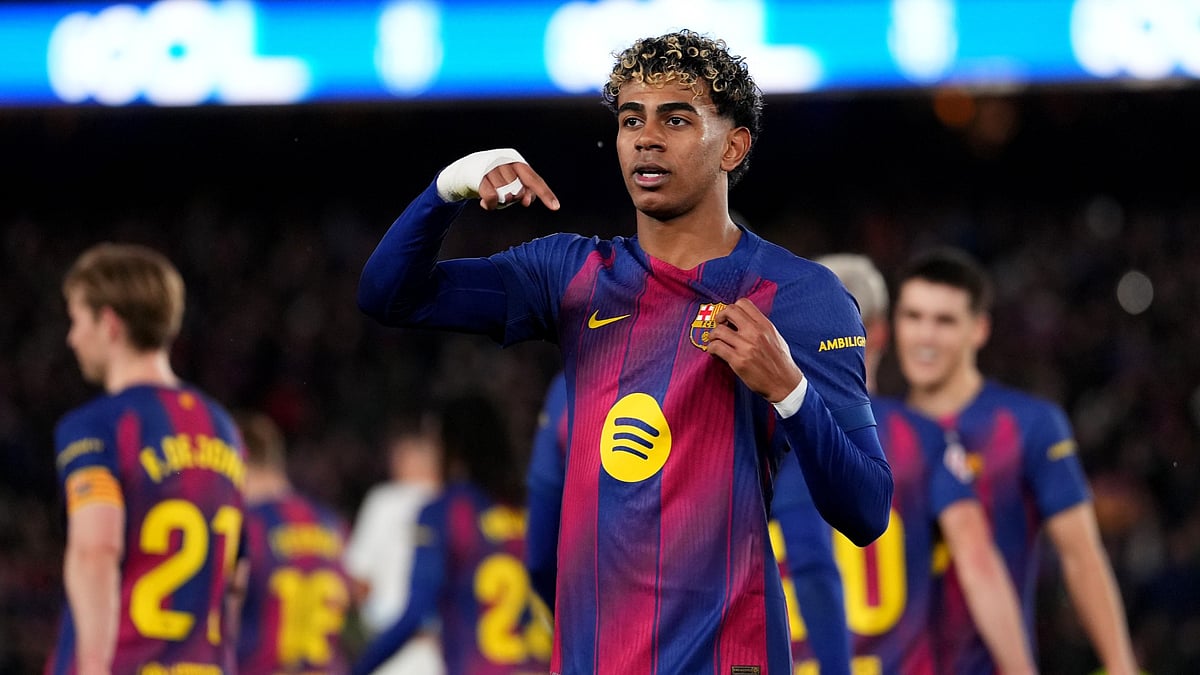 Barcelona's goalscorer Lamine Yamal celebrates during the La Liga match against Real Oviedo on January 25, 2026.