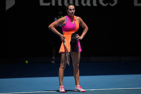 Aryna Sabalenka of Belarus reacts during her fourth round match against Victoria Mboko of Canada at the Australian Open tennis championship in Melbourne, Australia.