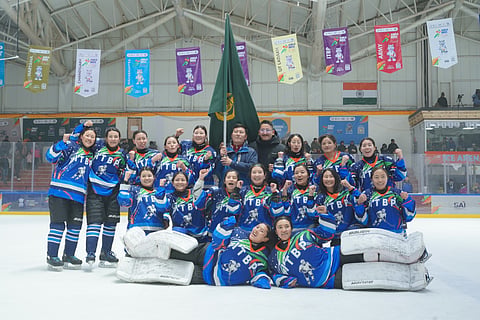 ITBP celebrate after wining Women's Ice Hockey gold at KIWG 2026