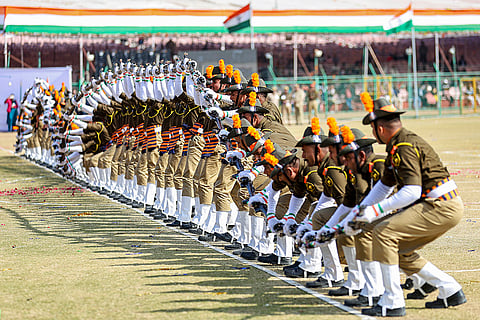 Security personnel perform during the 77th Republic Day celebrations, in Jaipur.