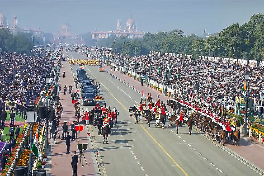 | Photo: @NarendraModi/YT via PTI : President Droupadi Murmu, European Commission President Ursula von der Leyen and European Council President Antonio Costa being escorted by the President’s Bodyguard (PBG) during the 77th Republic Parade, at Kartavya Path, in New Delhi. 