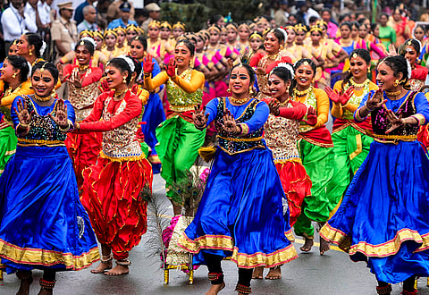College students perform during the 77th Republic Day parade, in Chennai.
