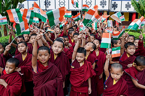 Young Buddhist monks during the 77th Republic Day celebrations at Tergar Monastery, in Bodh Gaya, Bihar.