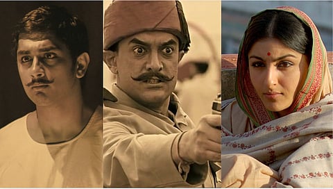 Aamir Khan as Chandra Shekhar Azad, Siddharth as Bhagat Singh, and Soha Ali Khan as Durgawati Devi