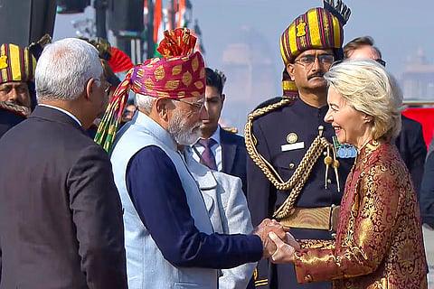Prime Minister Narendra Modi receives European Commission President Ursula von der Leyen and President of the European Council Antonio Costa during the 77th Republic Parade, at Kartavya Path, in New Delhi. 