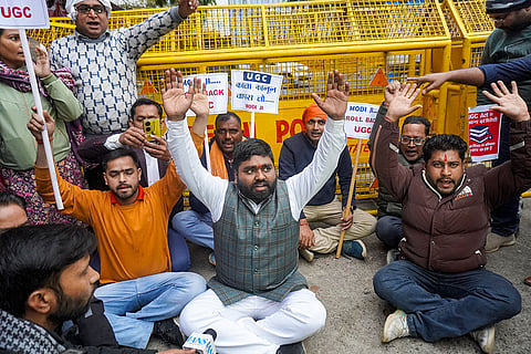 People from upper caste communities stage a protest outside the University Grants Commission headquarters, saying that the new regulations issued by the commission could lead to chaos on campuses, in New Delhi.