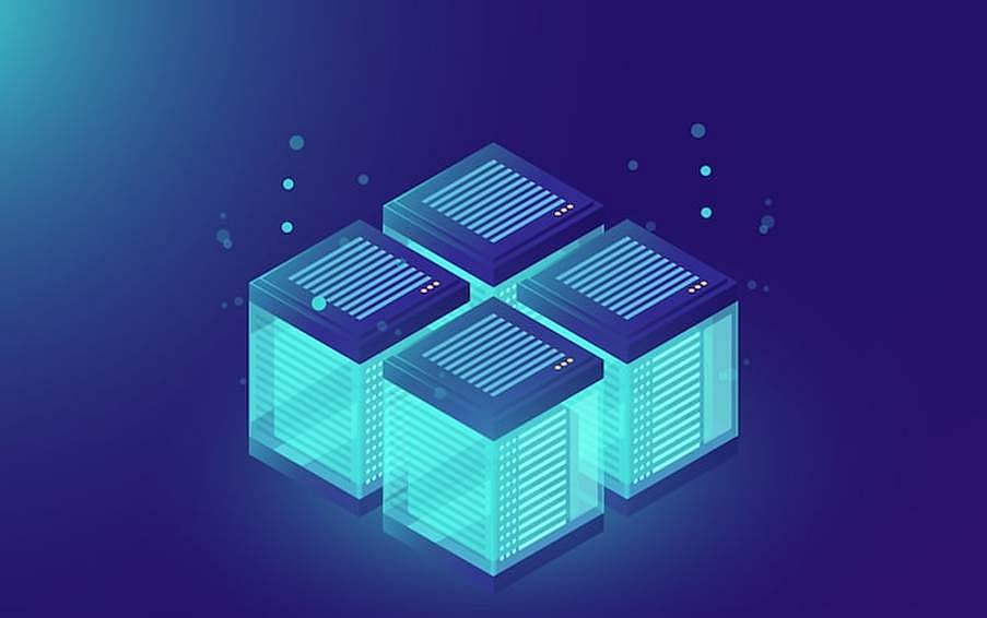 Isometric illustration of four connected data server blocks glowing blue