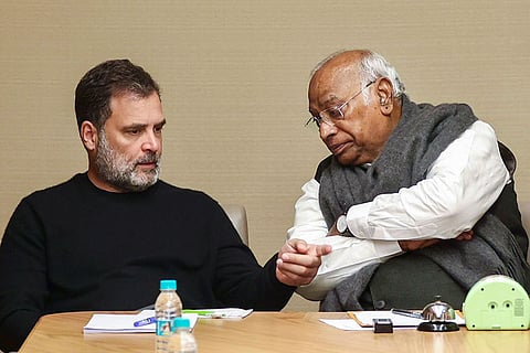 In this image posted on Jan. 27, 2026, Congress President Mallikarjun Kharge with LoP in the Lok Sabha and party leader Rahul Gandhi during the Goa leadership meeting, in New Delhi. 