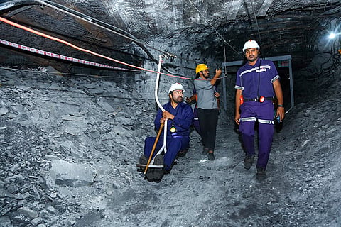 In this image posted on Jan. 25, 2026, Telangana Chief Minister A. Revanth Reddy during a visit to a mine in Kothagudem, Telangana.