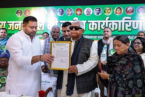 Rashtriya Janata Dal (RJD) chief Lalu Prasad Yadav, along with Rabri Devi and new party working president Tejashwi Yadav, during the party's national executive committee meeting, in Patna.