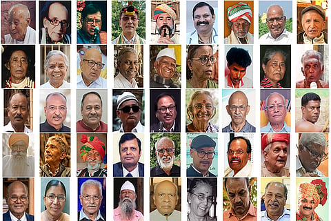 This combo image shows Padma Awardees for 2026, First row, from left, Yumnam Jatra Singh (Arts), Vishwa Bandhu (Arts), Thiruvarur Bhakthavatsalam (Arts), Techi Gubin from Arunachal Pradesh (Social Work), Taga Ram Bheel (Arts), Suresh Hanagavadi (Indigenous Medicine for Haemophilia), Simanchal Patro (Arts), Shrirang Devaba Lad (Agriculture), Shafi Shauq (Literature and Education), Second row, from left, Sangyusang S Pongener (Artss), SG Susheelamma (Social Work), Rama Reddy Mamidi (Animal Husbandry and Dairy), Rajasthapati Kaliappa Goundar (Artss), Raghupat Singh (Agriculture), Sunita Godbole (Medicine), R Krishnan (Arts), Pokila Lekthepi (Arts), Othuvar Thiruthani (Arts), Third row, from left, Nuruddin Ahmed (Arts), Nilesh Mandlewala (Social Work), Mohan Nagar (Environment), Mir Hajibhai Kasambahi (Arts), Mahendra Kumar Mishra (Literature and Education), Kollakkayil Devaki Amma G (Environment and aforestation), Khemraj Sundriyal (Artss), Kailash Chandra Pant (Literature and Education), K Pajanivel (Artss), Fourth row, from left, Inderjit Singh Sindhu (Social Work), Hally War (Social Work), Gafruddin Mewarti (Arts), Dr Shyam Sundar (Medicine), Dr Punniamurthy Natesan (Veterinary scientist), Dr Padma Gurment (Medicine), Dr Kumarasamy Thangaraj (Indian Geneticist), Dharmiklal Chunilal Pandya (Arts), Chiranji Lal Yadav (Arts), Fifth row, from left, Charan Hembram (Literature and Education), Budri Thati (Social Work), Brij Lal Bhat (Social Work), Bhiklya Ladakya (Arts), Bhagwadas Raikwar (Sports), Armida Fernandes (Medicine), Ram Chandra Godbole (Medicine), Anke Gowda (Literature and Education), Raghuveer Kehdkar (Arts). 