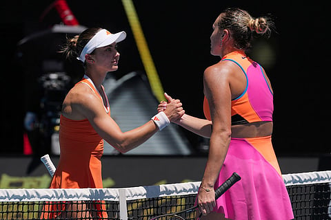 Iva Jovic, left, of the U.S. congratulates Aryna Sabalenka of Belarus following their quarterfinal match at the Australian Open tennis championship in Melbourne, Australia.