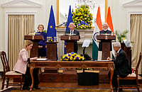 India–EU Free Trade Pact: Opening Duty-Free Access for Indian Exports, Expanding Strategic Ties PTI : Prime Minister Narendra Modi, European Council President Antonio Costa and European Commission President Ursula von der Leyen witness exchange of documents during a joint press statement after their meeting at the Hyderabad House, in New Delhi, Tuesday, Jan. 27, 2026.