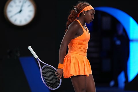 Coco Gauff of the U.S. reacts during her quarterfinal match against Elina Svitolina of Ukraine during their quarterfinal match at the Australian Open tennis championship in Melbourne, Australia.
