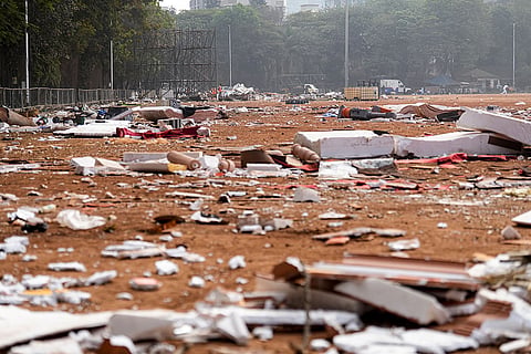 Debris and litter remain after the Republic Day celebrations, at Shivaji Park, in Mumbai.