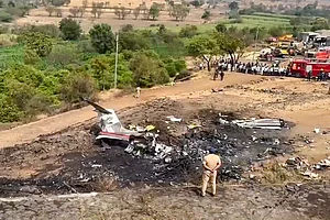 PTI : Remains of Maharashtra Deputy Chief Minister Ajit Pawar's plane that crashed during landing, near Baramati in Pune district, Maharashtra.