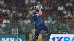 (AP Photo/Eranga Jayawardena) : England's captain Harry Brook hits a six during the third ODI cricket match between England and Sri Lanka in Colombo, Sri Lanka, Tuesday, Jan. 27, 2026.