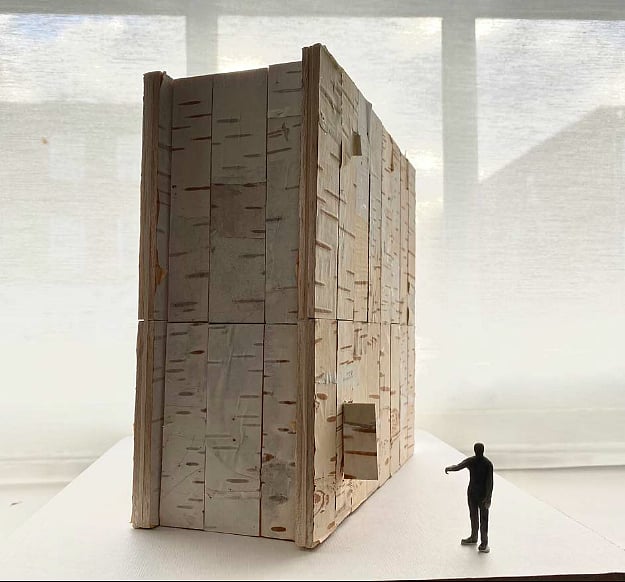 Model based on Anda cell, Artwork by Sofia Karim, 2021. "My mausoleum. My thin place. A small door to enter. (You have to stoop). In Anda, the guards do
not belittle themselves by passing through this door. They enter through a different gate, head held high."