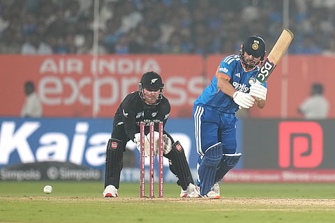 India's Rinku Singh plays a shot during the fourth T20 cricket match between India and New Zealand in Visakhapatnam.