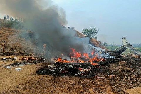 Maharashtra Deputy Chief Minister Ajit Pawar's plane in flames after it crashed during landing, at Baramati in Pune district, Maharashtra. Pawar, along with three others on board, was killed in the crash. 