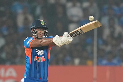 India's Shivam Dube plays a shot during the fourth T20 cricket match between India and New Zealand in Visakhapatnam.