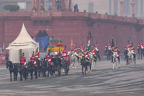 President Droupadi Murmu leaves for the Parliament to address both Houses on the first day of the Budget session, in New Delhi.