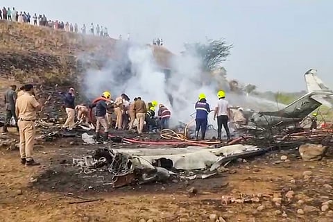 Rescue work underway after an aircraft carrying Maharashtra Deputy Chief Minister Ajit Pawar crashed during landing, at Baramati in Pune district, Maharashtra.