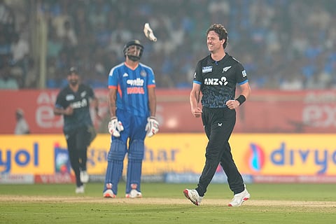New Zealand's Matt Henry celebrates the run out of India's Shivam Dube during the fourth T20 cricket match between India and New Zealand in Visakhapatnam.