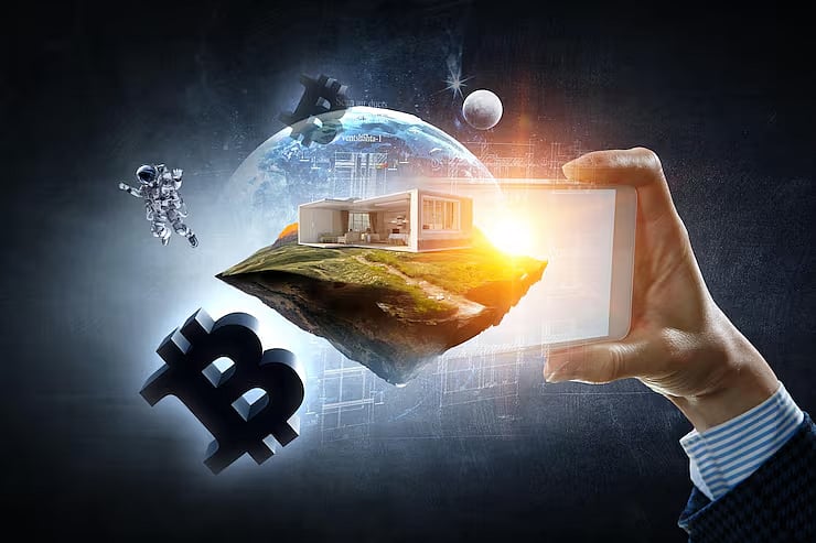 Surreal scene of Bitcoin symbol, floating land, modern house, and digital space elements