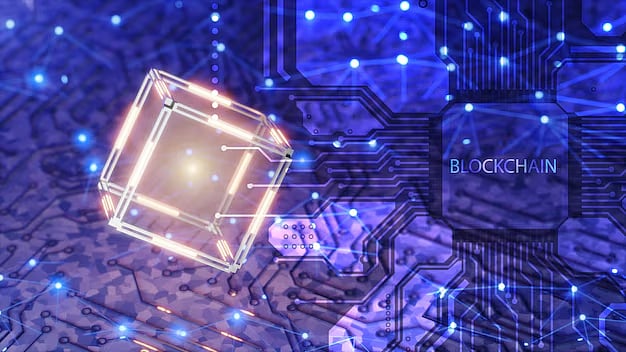 Glowing digital cube over circuit board representing blockchain technology