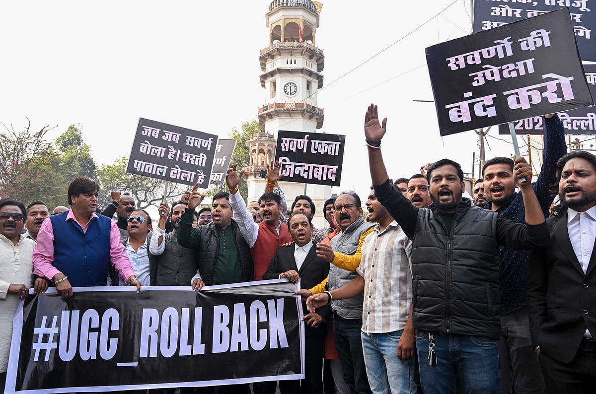 PTI : People hold placards during a protest against the University Grants Commission's recently notified 'Promotion of Equity in Higher Education Institutions Regulations, 2026', in Jabalpur on Wednesday, Jan. 28, 2026.