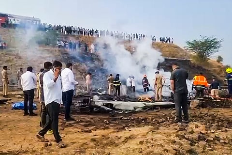 Rescue work underway after an aircraft carrying Maharashtra Deputy Chief Minister Ajit Pawar crashed during landing, at Baramati in Pune district, Maharashtra.