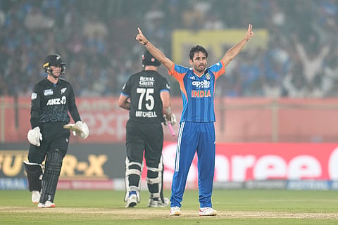 India's Ravi Bishnoi celebrates the dismissal of New Zealand's Mark Chapman during the fourth T20 cricket match between India and New Zealand in Visakhapatnam.