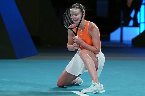 Elina Svitolina of Ukraine reacts during her semifinal match against Aryna Sabalenka of Belarus during their semifinal match at the Australian Open tennis championship in Melbourne, Australia.