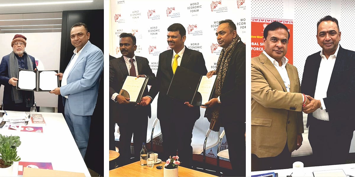 Mr. Sachidanand Upadhyay, MD of Lord's Mark Industries Ltd, with the CM and delegates from respective states signing various MOUs at the World Economic Forum in Davos-Klosters, Switzerland.