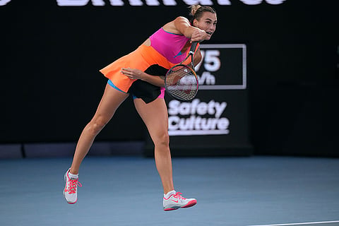 Aryna Sabalenka of Belarus serves to Elina Svitolina of Ukraine during their semifinal match at the Australian Open tennis championship in Melbourne, Australia.