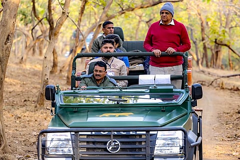Gujarat Chief Minister Bhupendra Patel takes a jungle safari during his visit to the Gir National Park, in Gir Somnath, Gujarat.