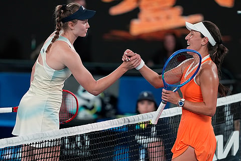Elena Rybakina, left, of Kazakhstan is congratulated by Jessica Pegula, right, of the U.S. following their semifinal match at the Australian Open tennis championship in Melbourne, Australia.