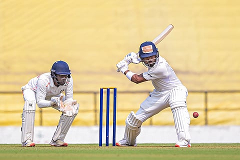 Uttar Pradesh's Dhruv Jurel plays a shot during the first day of the Ranji Trophy Elite Group A cricket match between Uttar Pradesh and Vidarbha at the Vidarbha Cricket Association Stadium, in Nagpur.